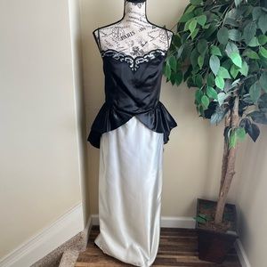 Eve of Milady Vintage Peplum Satin Formal Gown Black White Sz 14